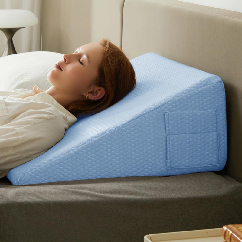 Bedluxe Wedge Pillow 10 inch Bed Wedge Pillow for Headboard Pillow Wedge for Acid Reflux Relief Sleeping After Surgery Snoring Gerd Triangle Pillow Wedge Cooling Memory Foam Top Light Blue